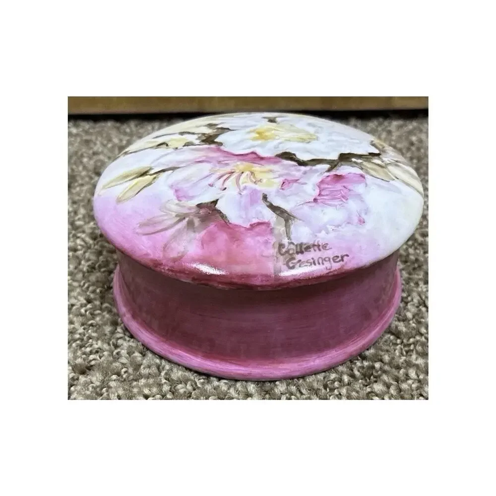 Vtg Porcelain Hand Painted Trinket Dresser Box Collette Gesinger Vibrant Pink Fl